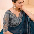 Teal Blue Designer Saree with Grey Embroidered Blouse