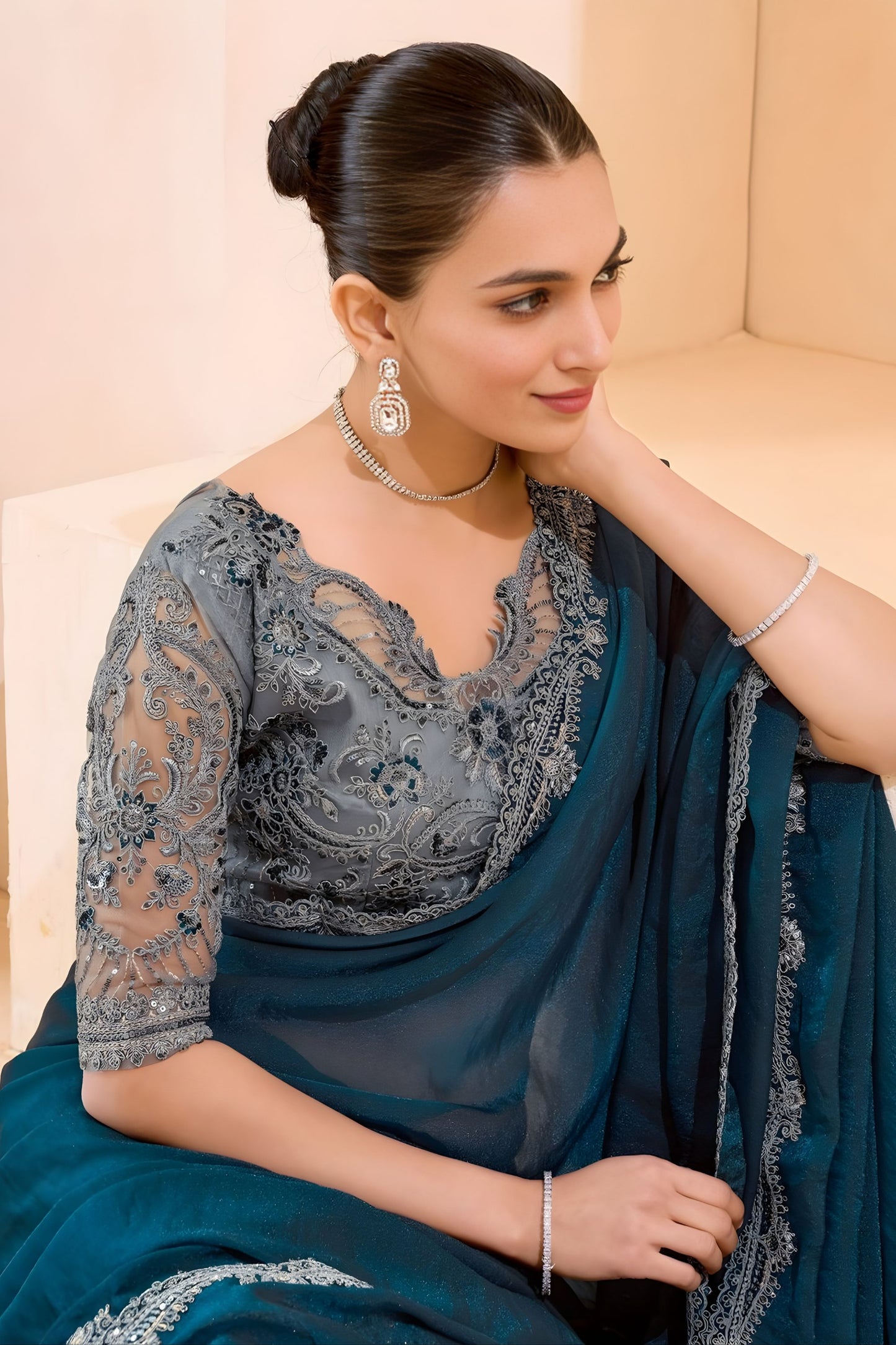 Teal Blue Designer Saree with Grey Embroidered Blouse