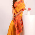 Yellow Paithani Silk Saree with Orange Zari Border and Traditional