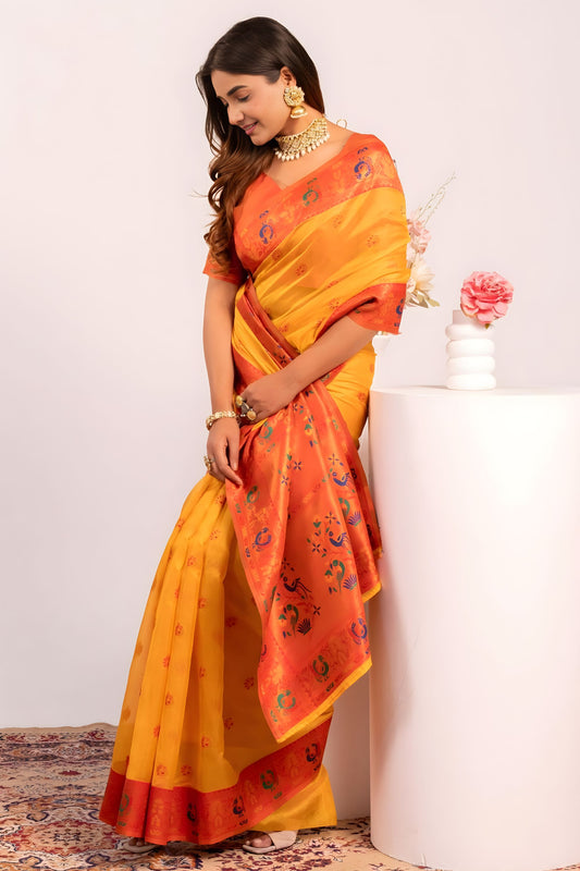 Yellow Paithani Silk Saree with Orange Zari Border and Traditional