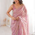 Pink Organza Silk Saree Golden Zari Embroidery Designer Blouse