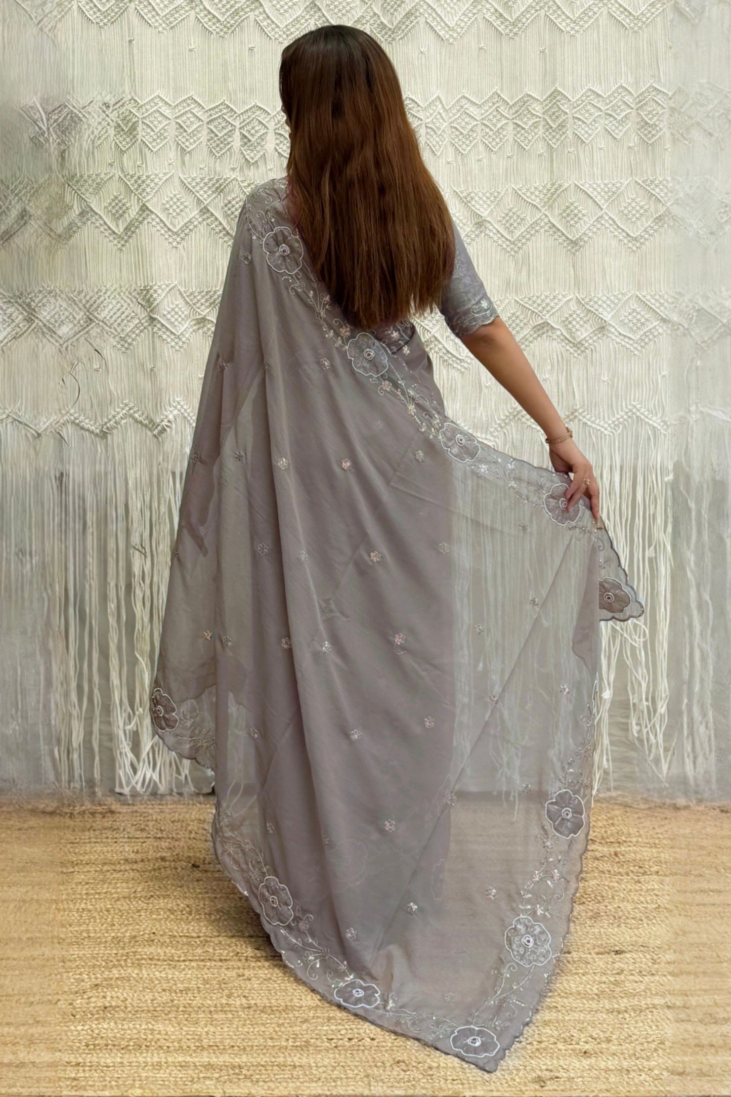Grey Organza Saree with Floral Embroidery Designer Blouse