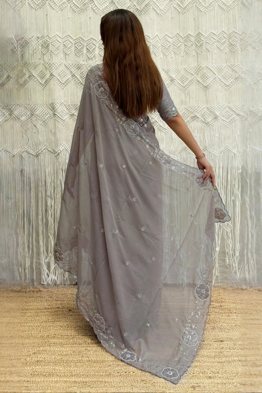 Grey Organza Saree with Floral Embroidery Designer Blouse