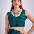 Teal Green Organza Silk Saree Black Floral Embroidery Designer Saree