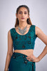 Teal Green Organza Silk Saree Black Floral Embroidery Designer Saree