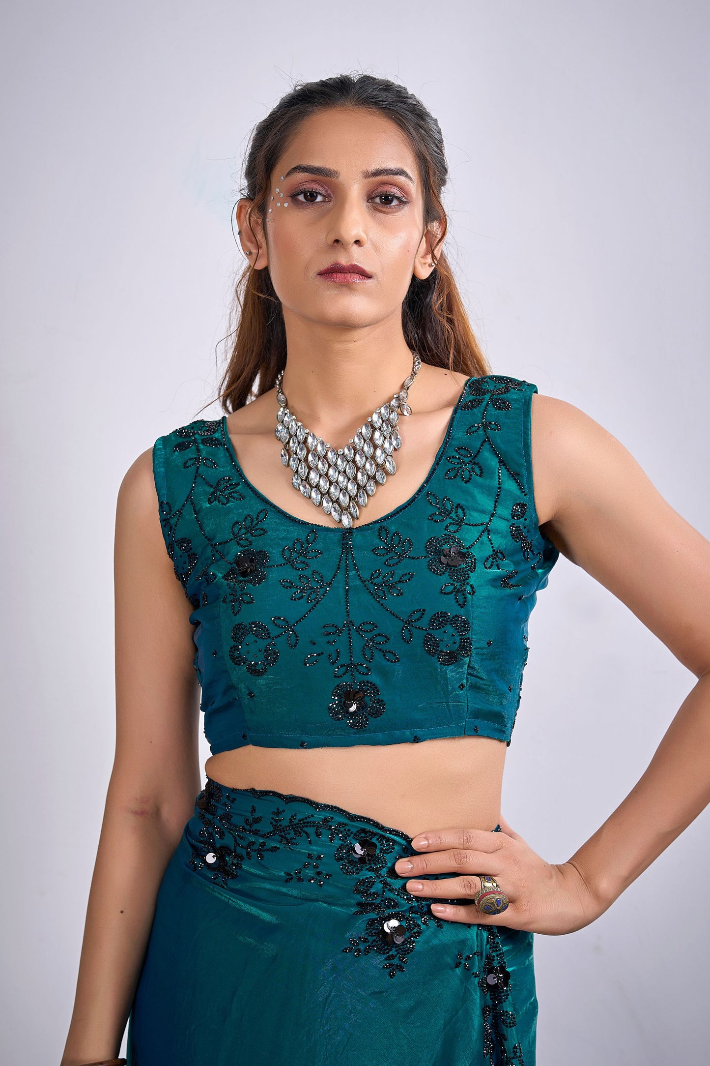 Teal Green Organza Silk Saree Black Floral Embroidery Designer Saree