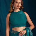 Teal Green Satin Silk Saree with Metallic Zari Designer Party Wear