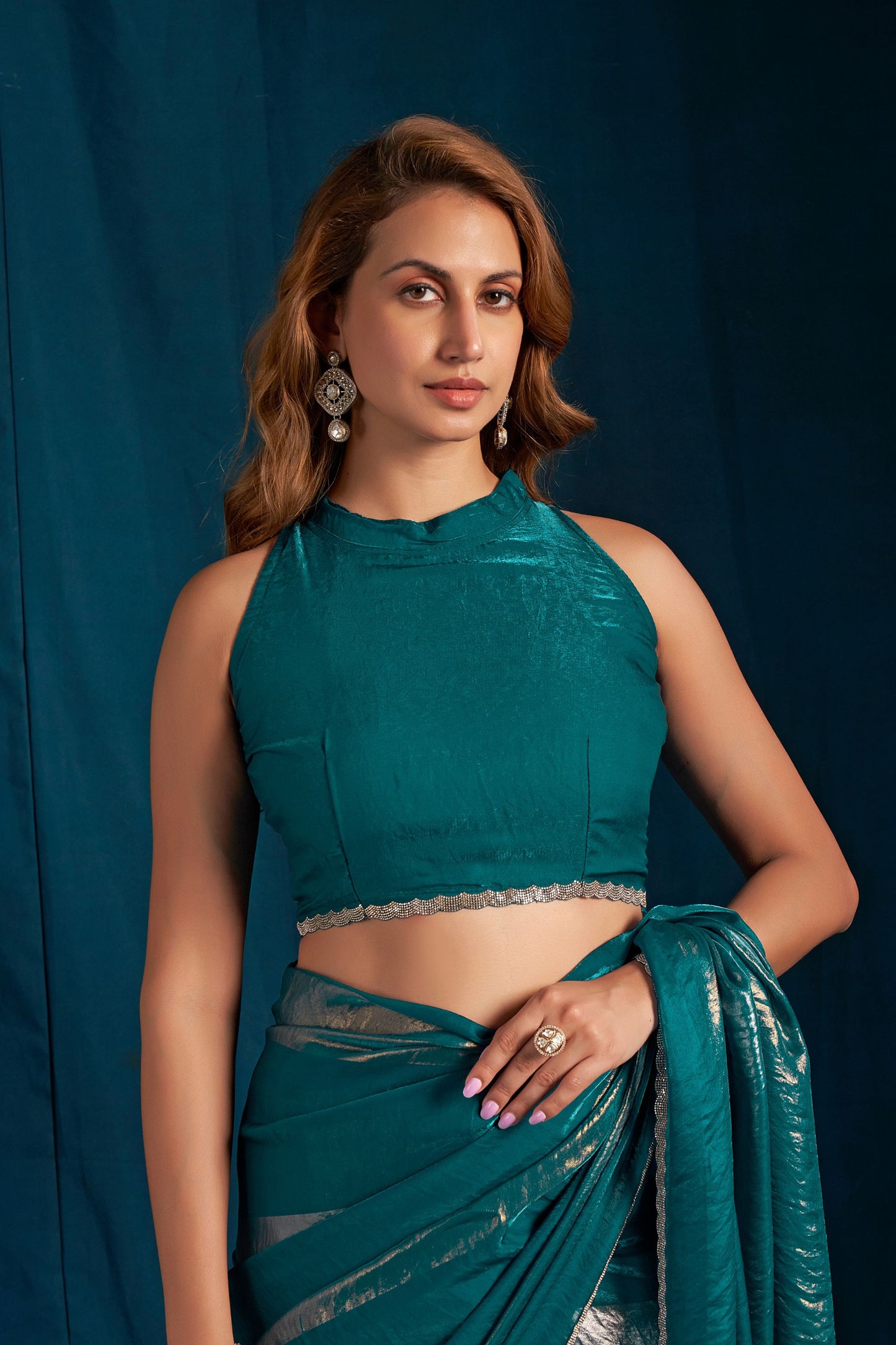 Teal Green Satin Silk Saree with Metallic Zari Designer Party Wear