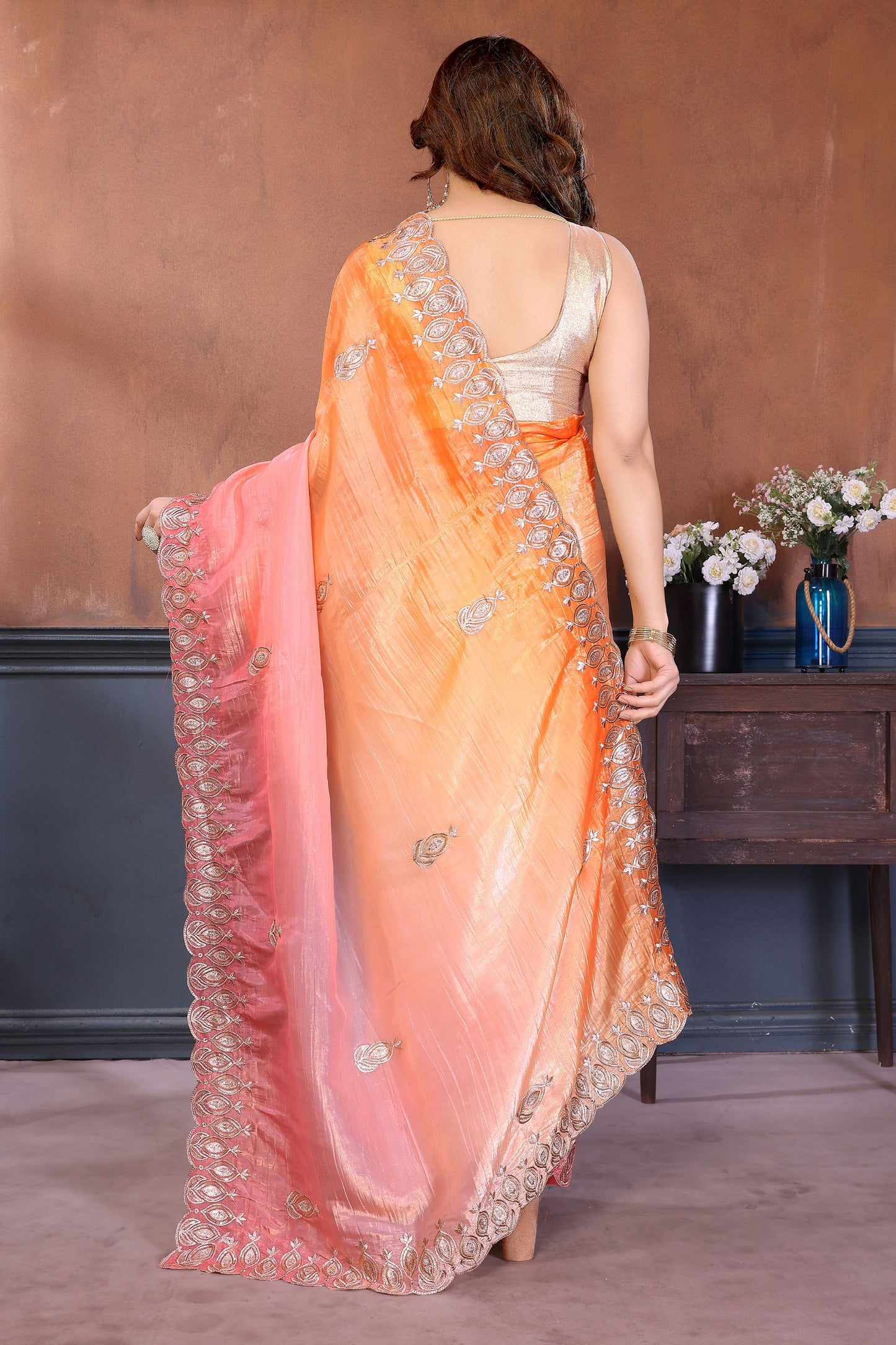 Peach Pink Embroidered Organza Silk Saree Designer Border