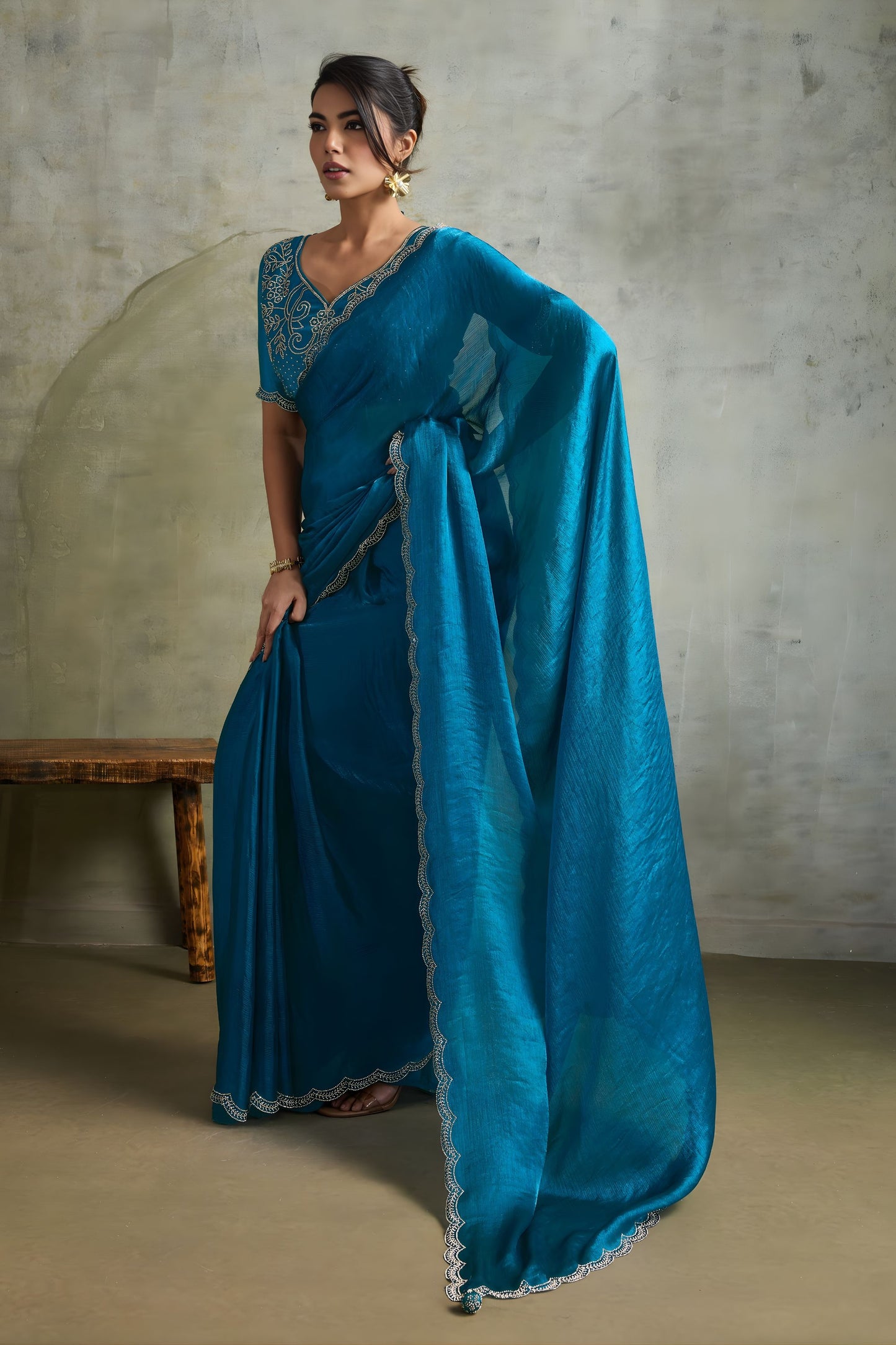 Teal Blue Chiffon Saree with Designer Embroidered Blouse