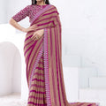 Wine Purple Beige Striped Saree Floral Embroidered Border Designer Blouse