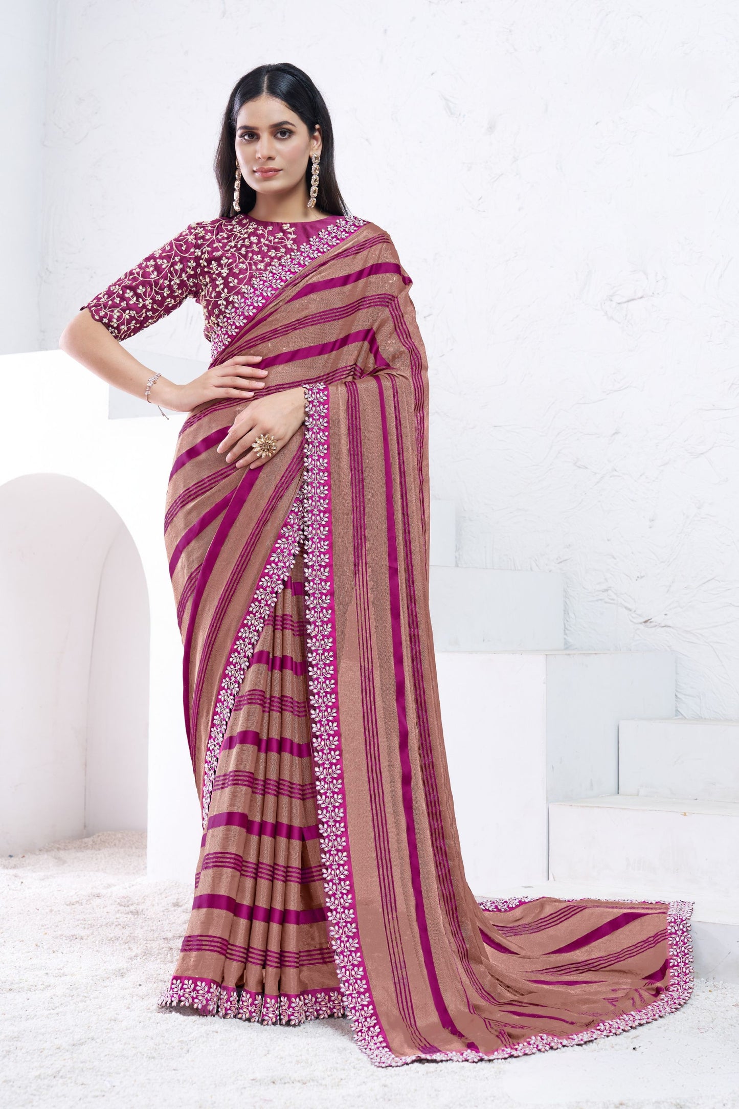 Wine Purple Beige Striped Saree Floral Embroidered Border Designer Blouse