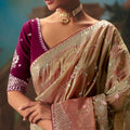 Pastel Green Peach Embroidered Silk Saree Festive Wear