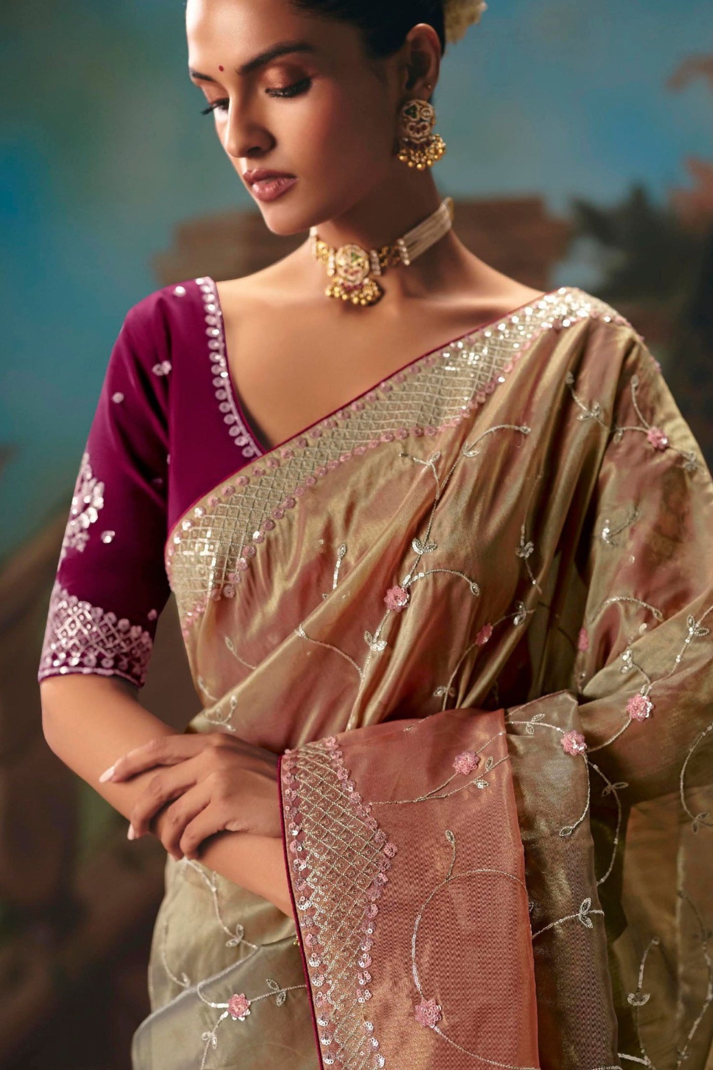 Pastel Green Peach Embroidered Silk Saree Festive Wear