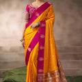 Mustard Yellow Silk Saree with Rani Pink Contrast Border