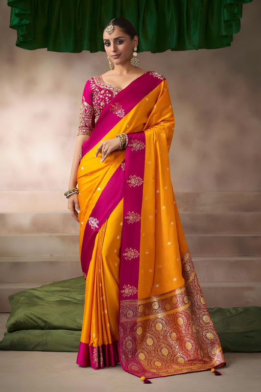 Mustard Yellow Silk Saree with Rani Pink Contrast Border