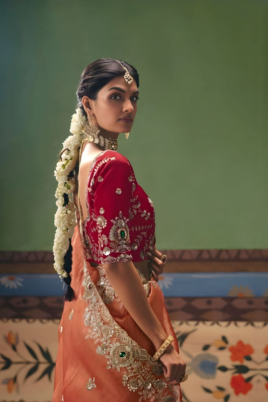 Peach Organza Silk Saree Heavy Golden Zari Embroidery Border Designer Blouse