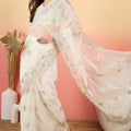 Off-White Embroidered Net Saree with Designer Border Party Wear Saree