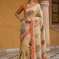 Beige Printed Linen Silk Saree with Floral Design and Orange Border