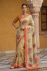 Beige Printed Linen Silk Saree with Floral Design and Orange Border