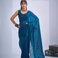 Teal Blue Organza Saree with Black Floral Embroidery Designer Saree