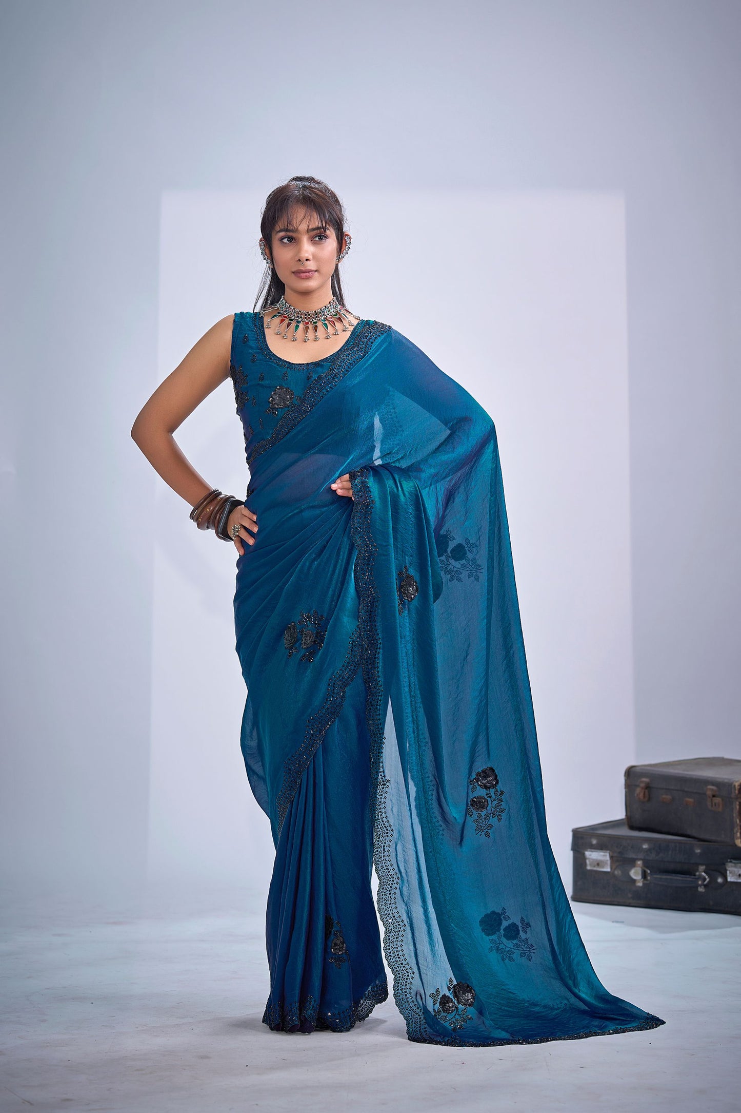 Teal Blue Organza Saree with Black Floral Embroidery Designer Saree