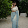 Ivory Sky Blue Ombre Georgette Saree Sequin Designer Scalloped Border