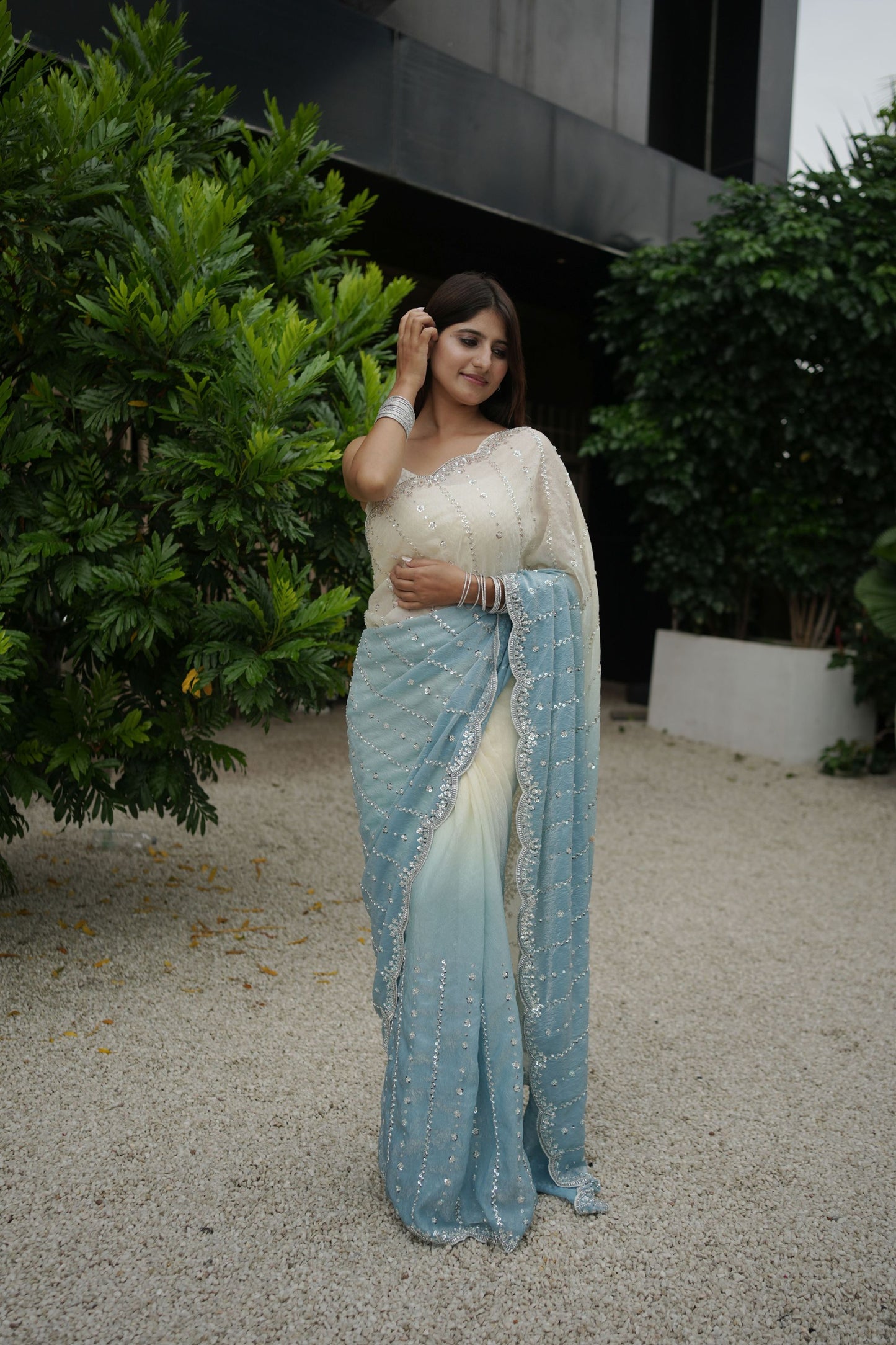 Ivory Sky Blue Ombre Georgette Saree Sequin Designer Scalloped Border