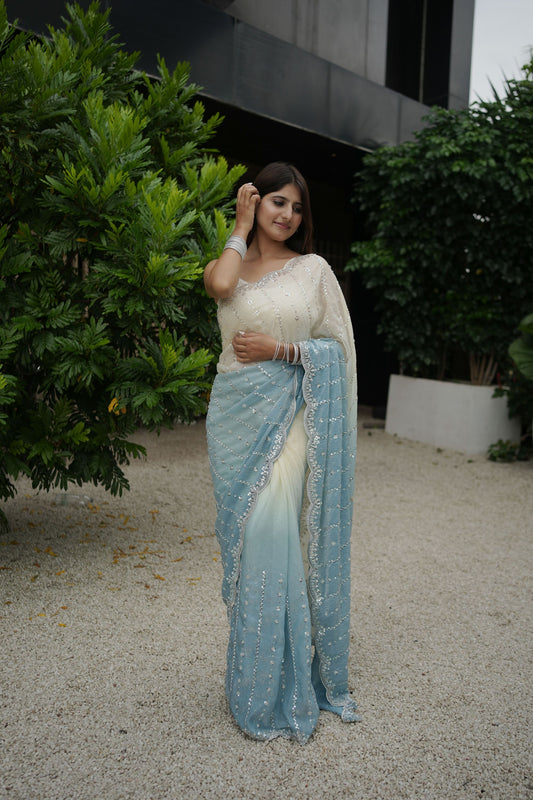 Ivory Sky Blue Ombre Georgette Saree Sequin Designer Scalloped Border