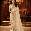 Ivory Cream Embroidered Designer Saree with Heavy Gold Work