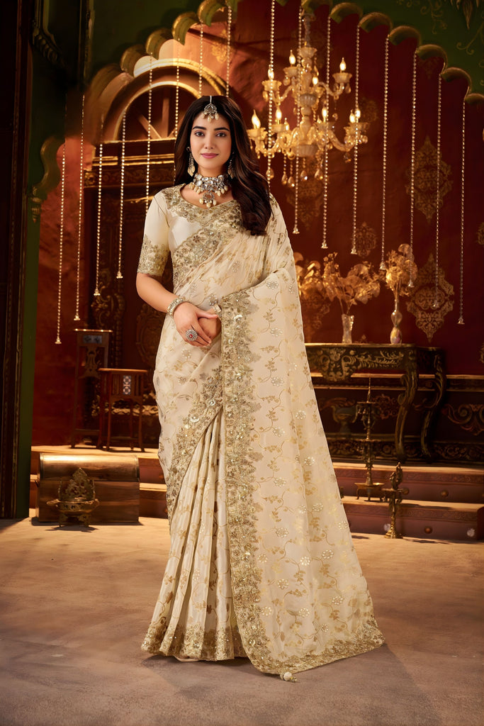 Ivory Cream Embroidered Designer Saree with Heavy Gold Work
