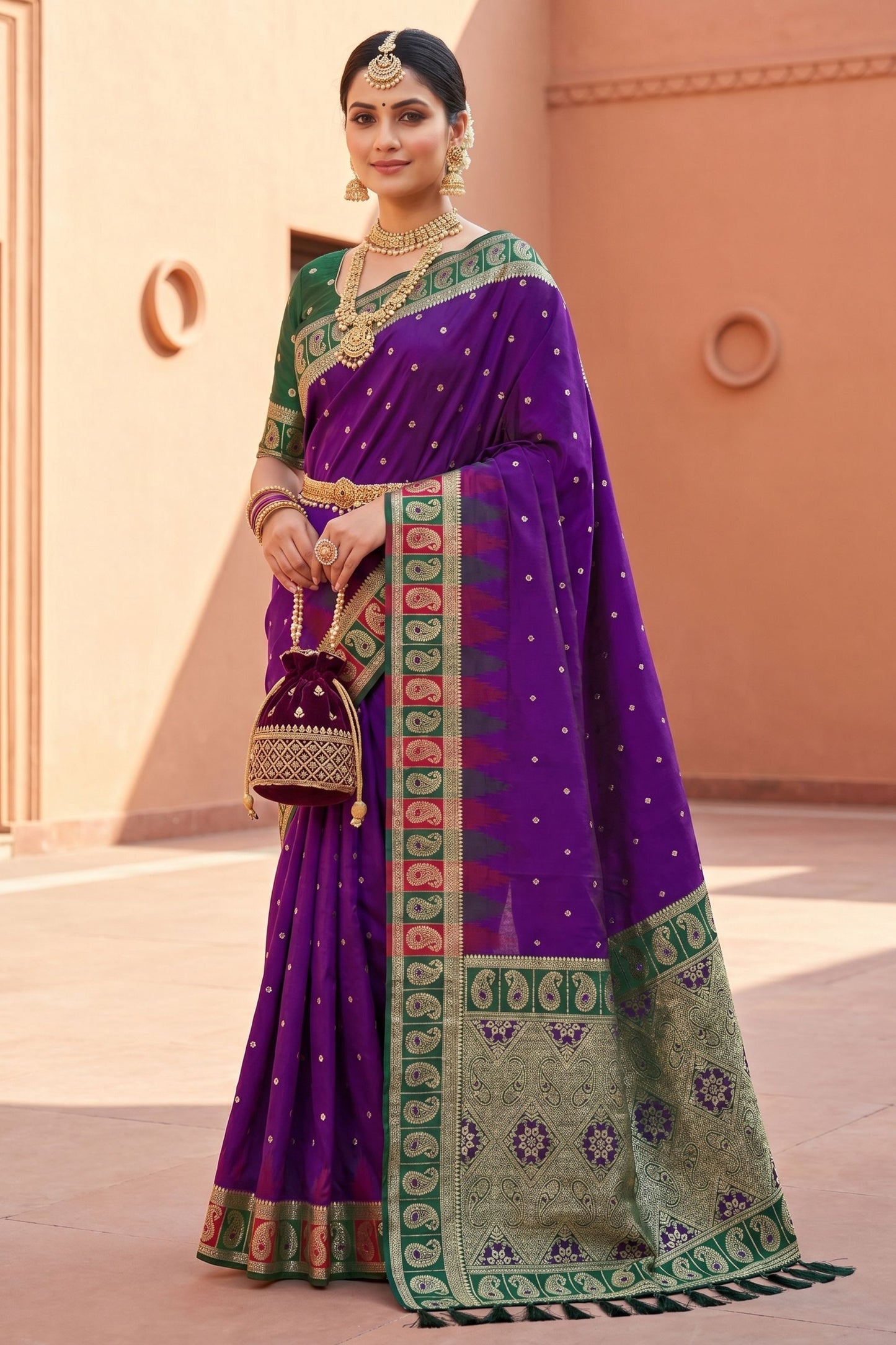 Royal Purple Silk Saree with Green Red Contrast Border
