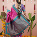 Rani Pink Silk Saree with Teal Blue Woven Border Traditional Design