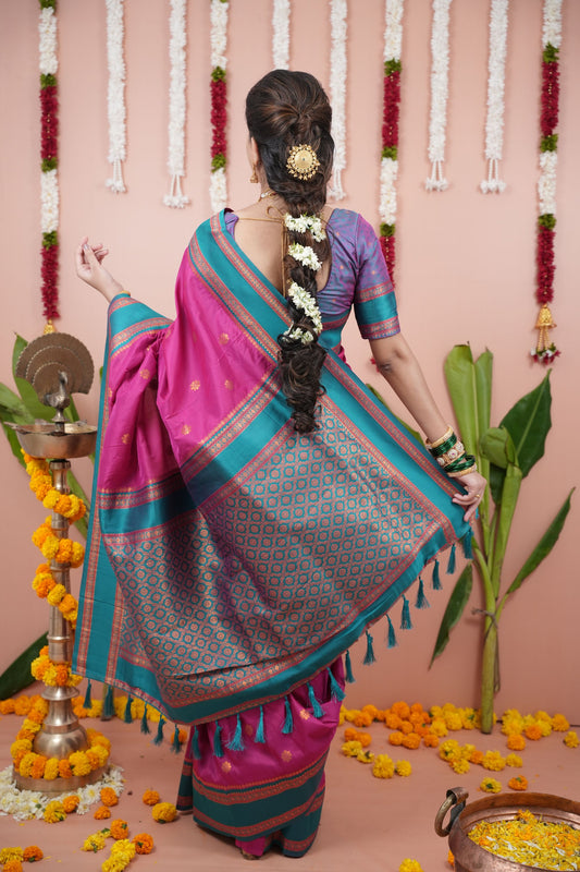 Rani Pink Silk Saree with Teal Blue Woven Border Traditional Design
