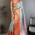 Sky Blue Orange Kanjivaram Silk Saree Traditional Zari Woven Saree