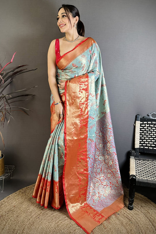Sky Blue Orange Kanjivaram Silk Saree Traditional Zari Woven Saree