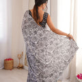 Black White Rose Floral Printed Linen Saree Designer Lace Border