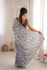 Black White Rose Floral Printed Linen Saree Designer Lace Border