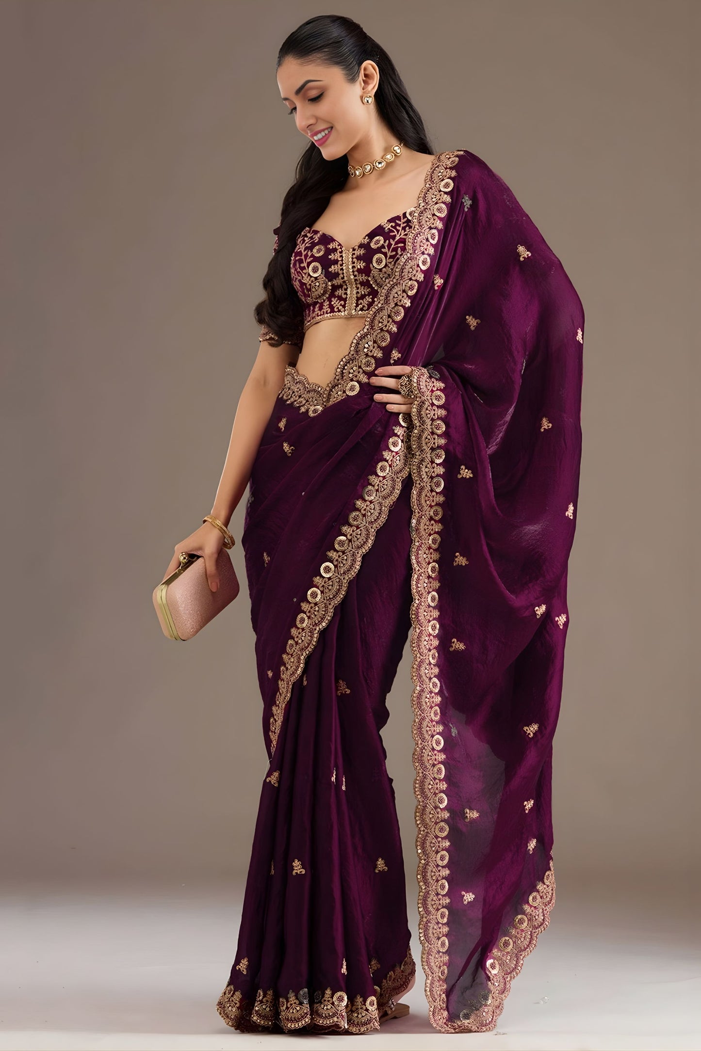 Wine Purple Silk Saree Heavy Zari Embroidery Border Designer Blouse