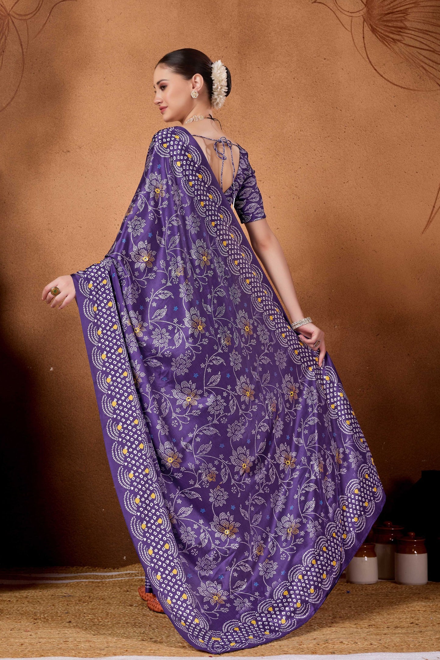 Purple Bandhani Floral Print Saree Designer Saree