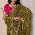 Olive Green Silk Saree Golden Zari Embroidery Border Matching Blouse