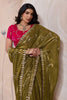 Olive Green Silk Saree Golden Zari Embroidery Border Matching Blouse