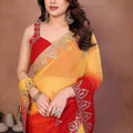 Red Yellow Ombre Georgette Saree with Embroidered Border Work