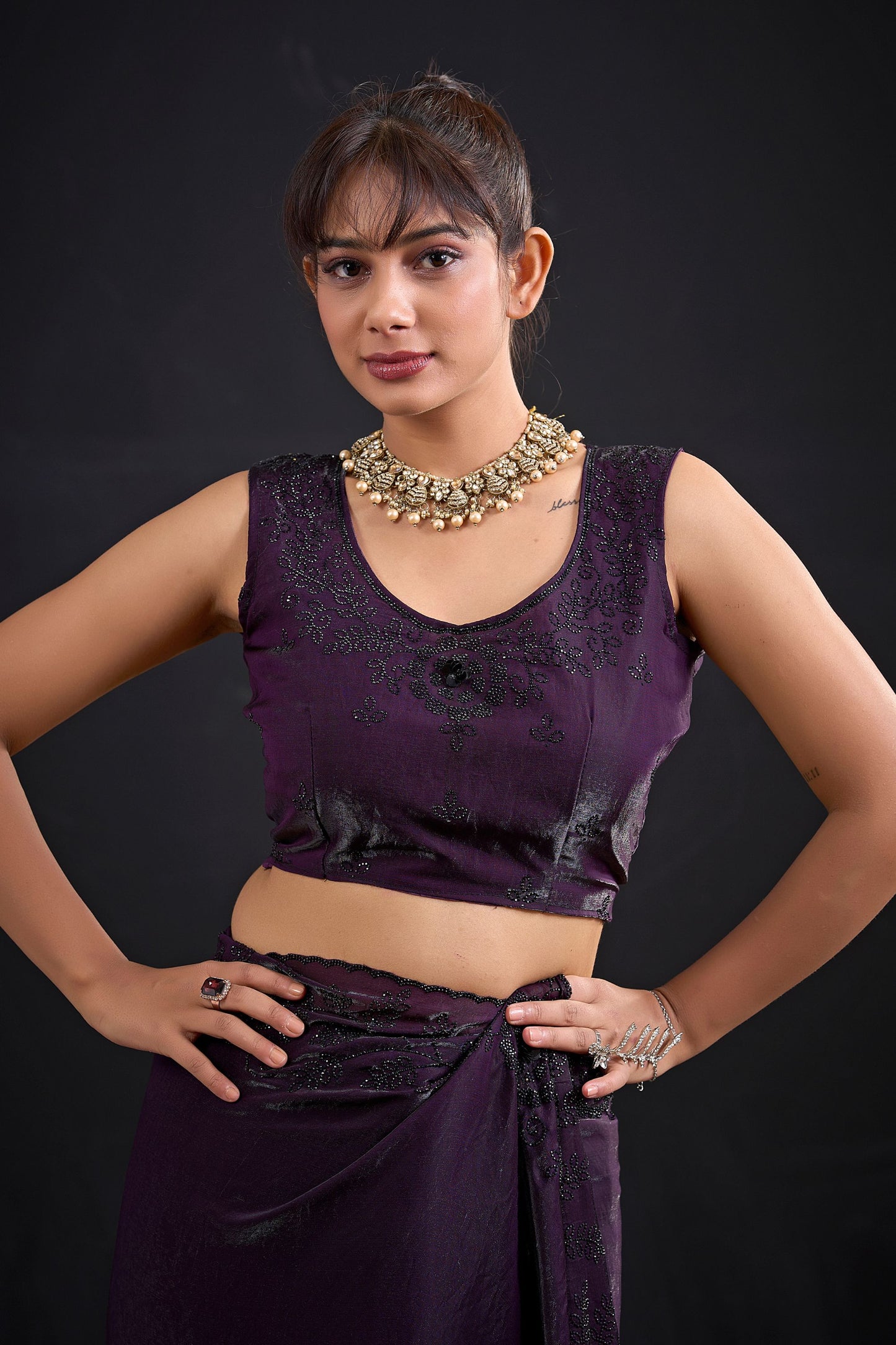 Dark Purple Embroidered Silk Saree with Designer Blouse