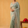 Mint Green Net Saree Heavy Silver Embroidered Border Designer Blouse