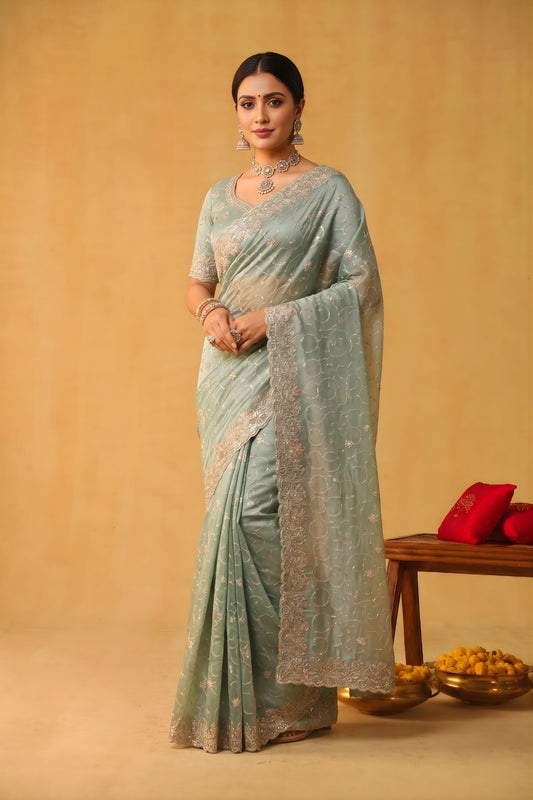 Mint Green Net Saree Heavy Silver Embroidered Border Designer Blouse