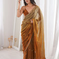 Copper Brown Organza Saree Golden Butti Work Embroidered Border