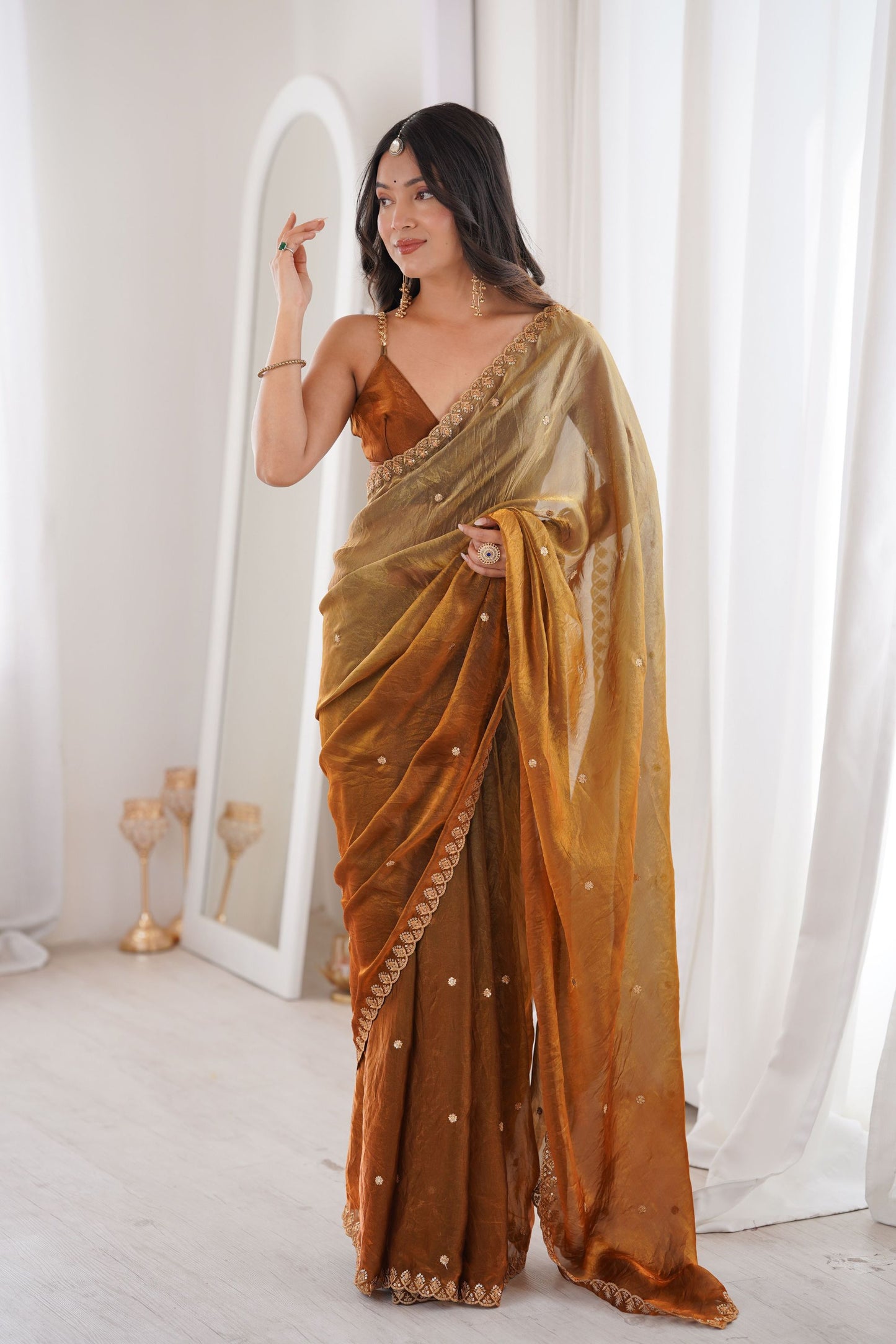 Copper Brown Organza Saree Golden Butti Work Embroidered Border