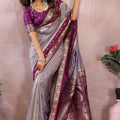 Grey Silk Saree with Wine Purple Zari Woven Border Designer Pallu