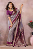 Grey Silk Saree with Wine Purple Zari Woven Border Designer Pallu